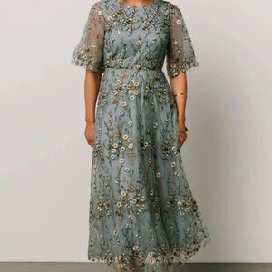 Arabella Embroidered Tulle Maxi Dress | Dusty Blue Floral Baltic Born Size Large